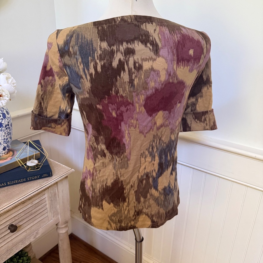 Lauren Ralph Lauren Brown Purple Abstract Ikat Boat Neck Elbow Sleeve Top M - Picture 3 of 8